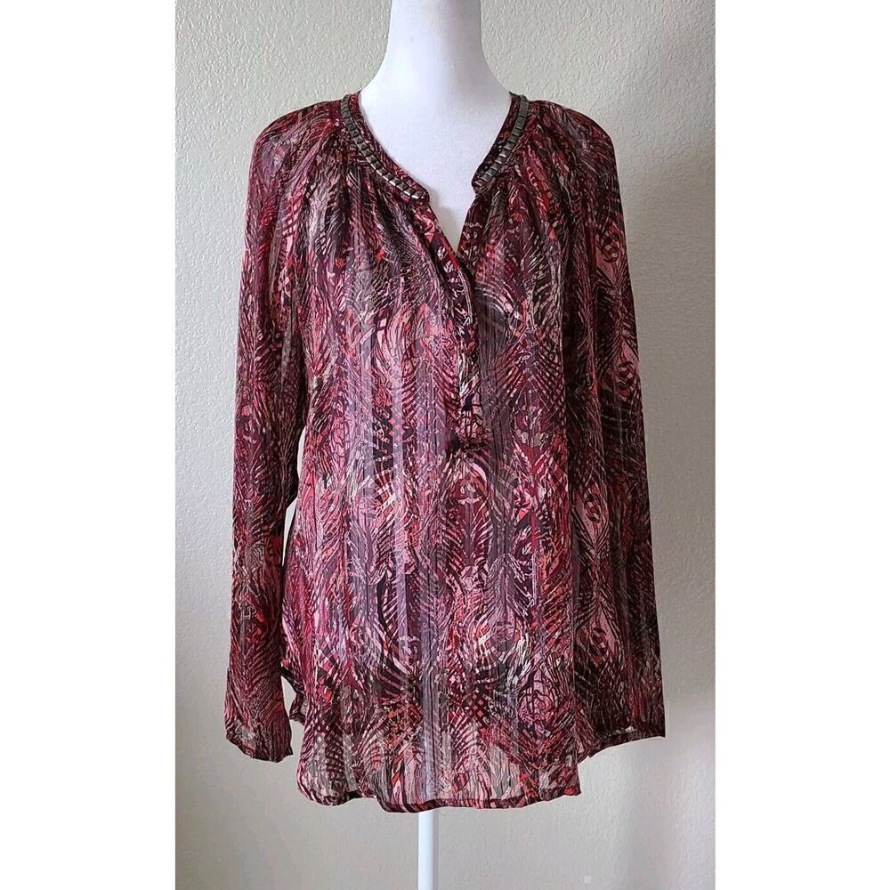 Cache Peacock Blouse Popover Medium Sheer‎ Feather Print Red Studded Neckline